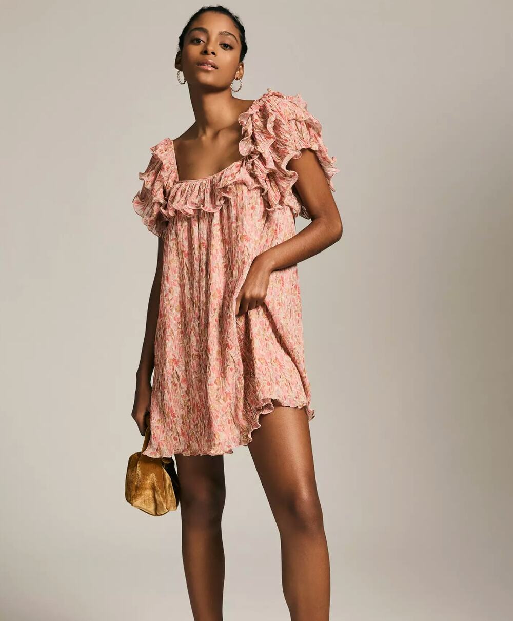 Anthropologie Let Me Be Ruffled Square-Neck Mini Dress Small Crinkle